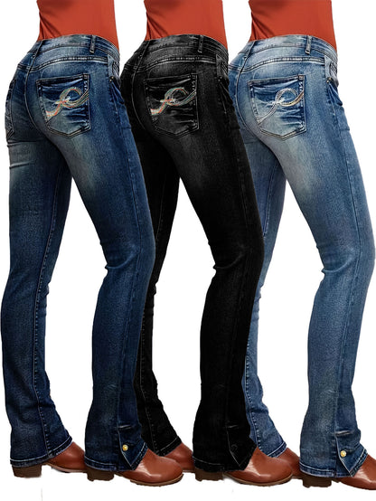 2025 Cross-border supply, 2025 simple casual jeans, elastic slim-fit straight denim trousers, women's embroidered jeans