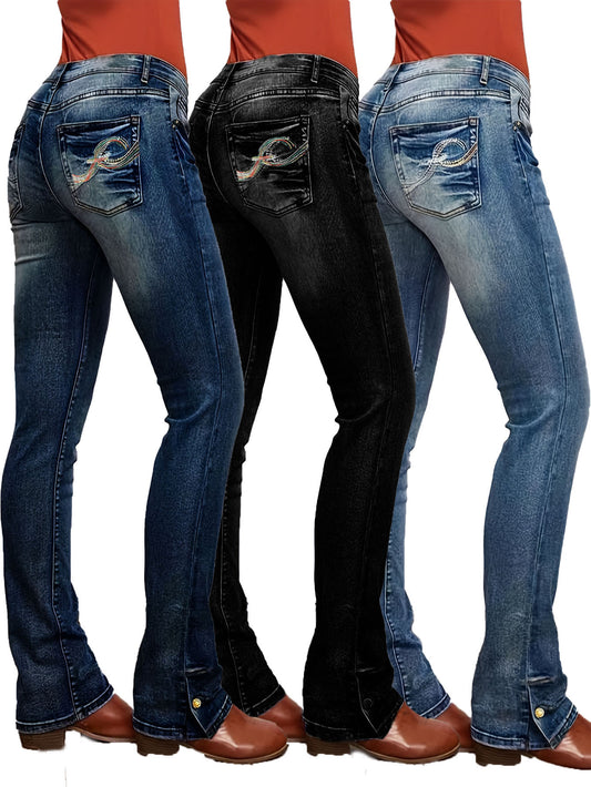 2025 Cross-border supply, 2025 simple casual jeans, elastic slim-fit straight denim trousers, women's embroidered jeans
