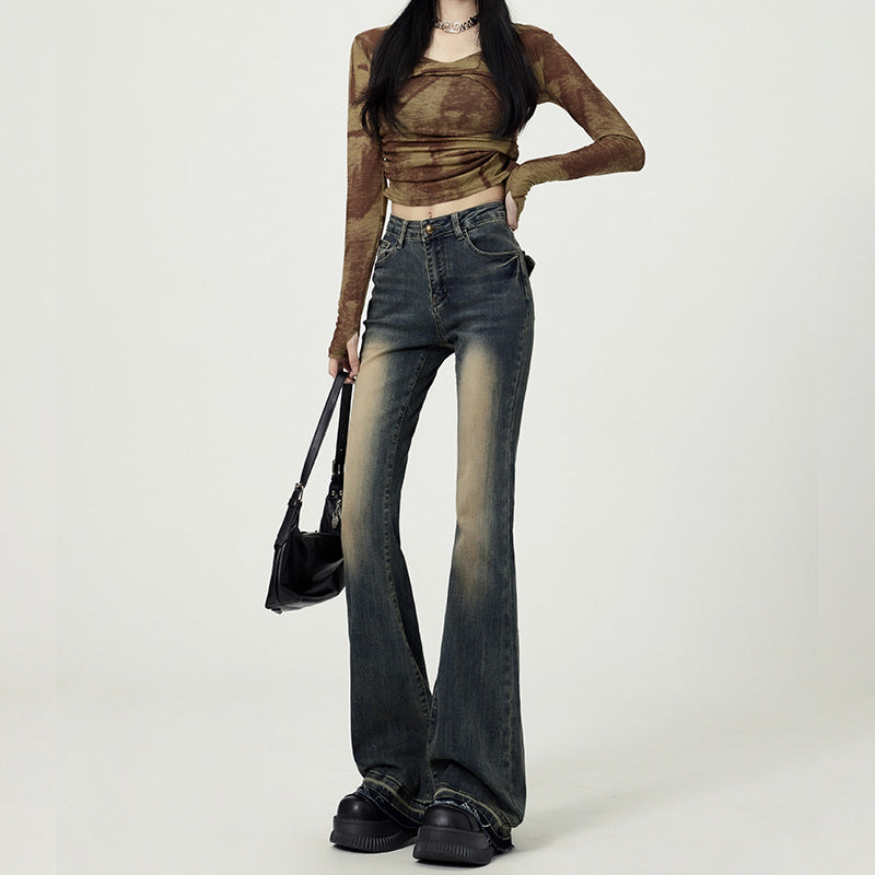 qgtao 2000s fashion Vintage Washed Jeans Women's High Waist Skinny 2024 New Autumn American Style Frayed Flared Horseshoe Pants