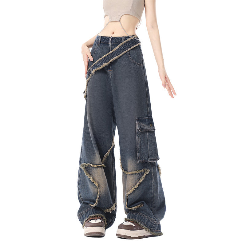 qgtao concert outfit Star Frayed Jeans Women's Autumn and Winter Chubby Girl Slimming Retro Small Straight Wide Leg Long Pants