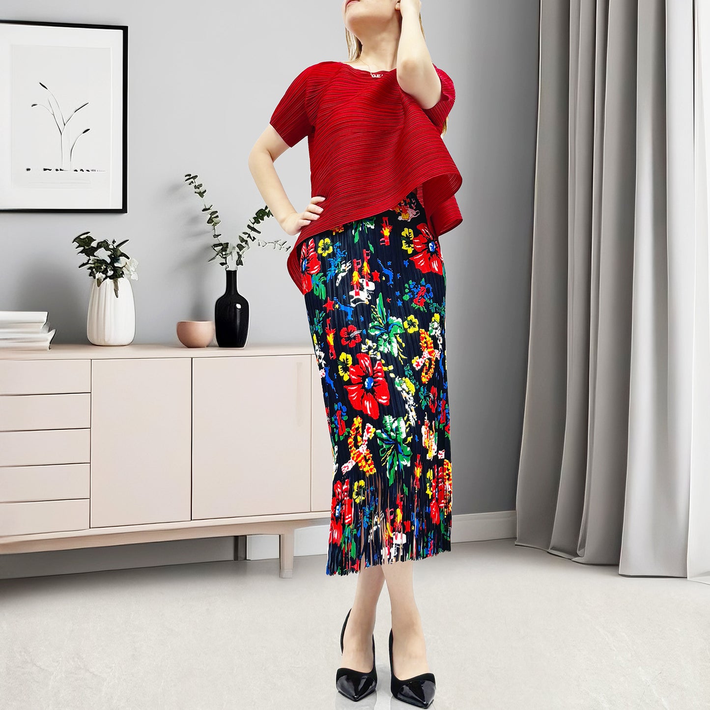 hot-selling women's summer suit two-piece set small retro printed fringed skirt high-end T-shirt