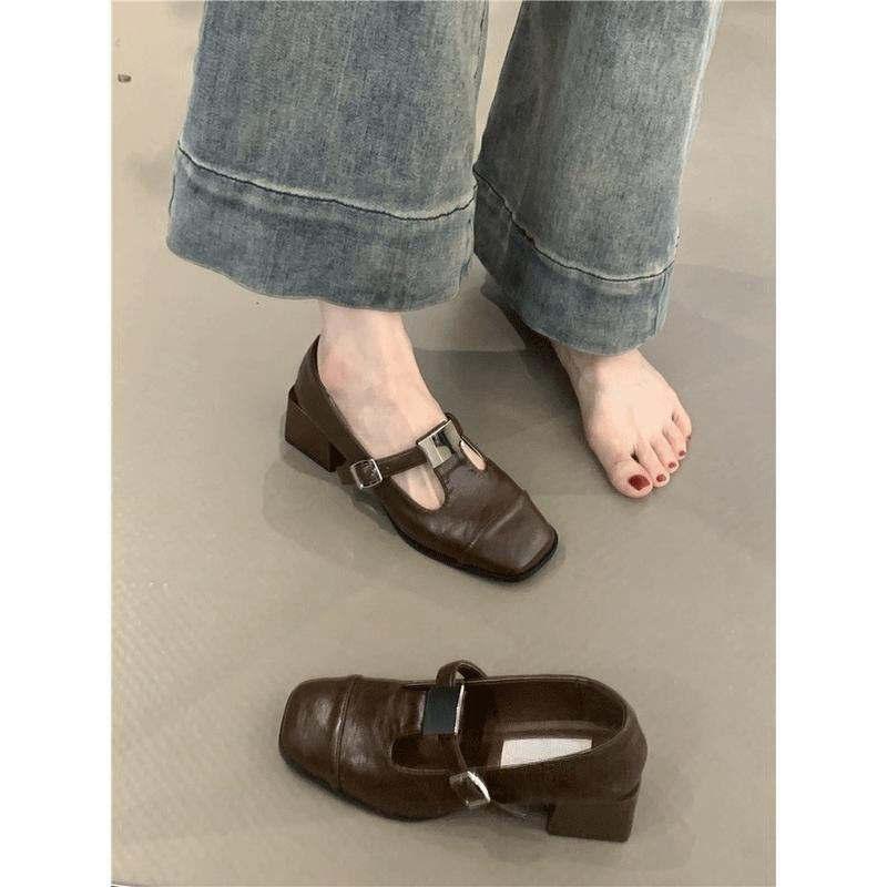 2025  Vintage Mary Jane shoes  square head with single shoes commuting thick heel loafers small leather shoes women