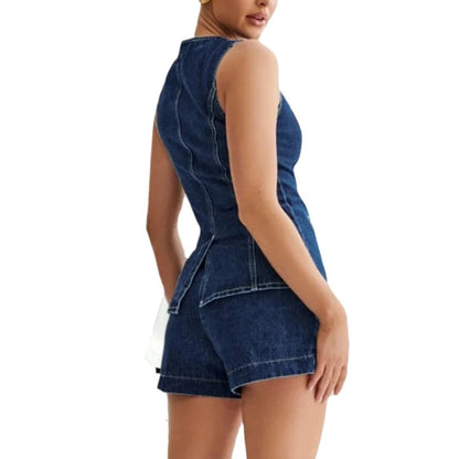 qgtao outfit inspo 2024 New Fashion Casual Single-Breasted Sleeveless Top High Waist Shorts Denim Suit