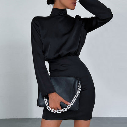 2025 popular spring new  satin waist dress halter bow turtleneck A-word skirt short skirt Popular trade women