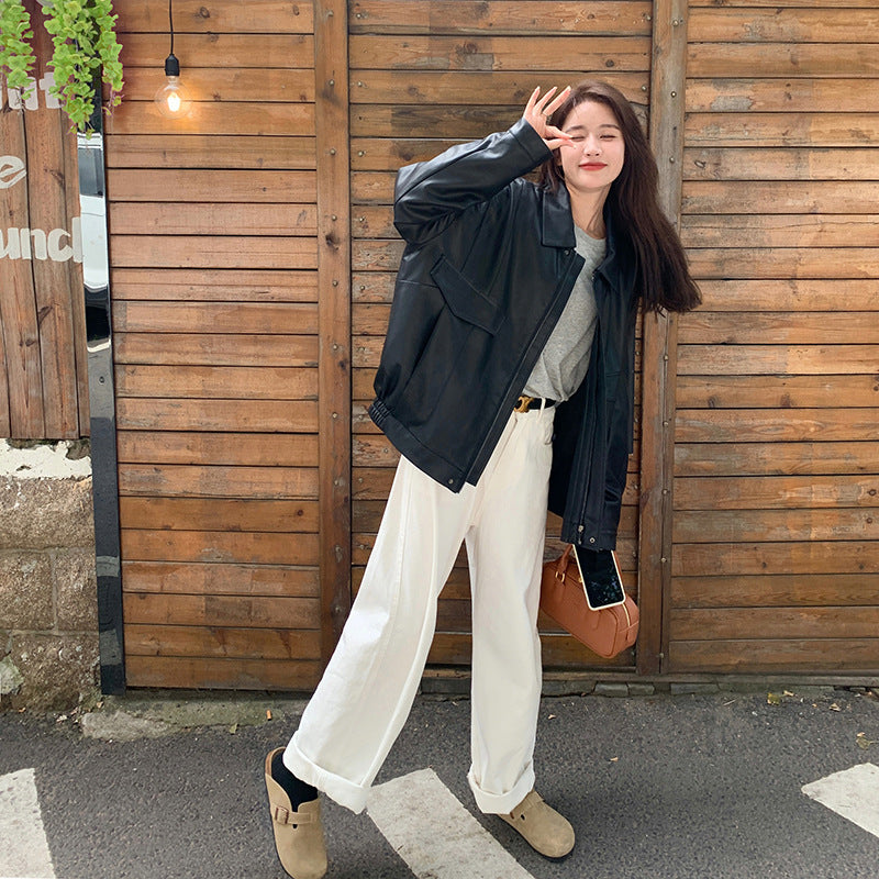 qgtao 2000s fashion Black PU Leather Coat for Women Spring and Autumn 2024 New Korean Hong Kong Style Chic Retro Fried Street High-Grade