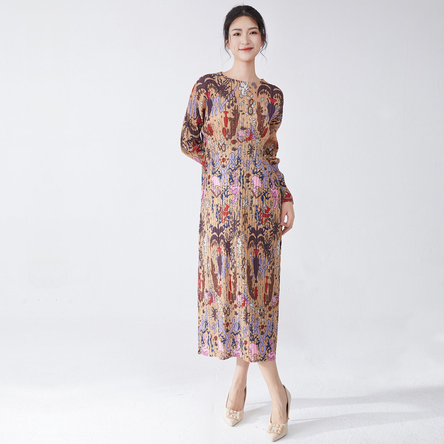 dress autumn women's high-end counter quality new printed long sleeves loose and thin temperament versatile dress