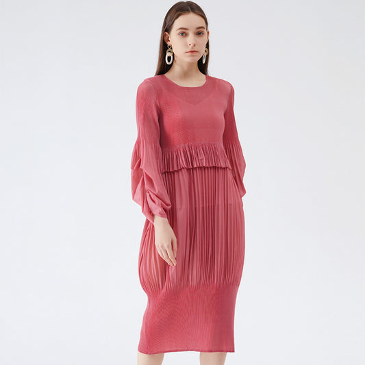 2025 spring simple design girly feeling fresh and sweet pleated bubble sleeves lantern dress dress dress medium and long dress women