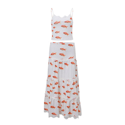 qgtao dti outfits Gentle Style Sexy Sling Top Fashion Goldfish Pattern Casual Temperament Cake Skirt Suit Women