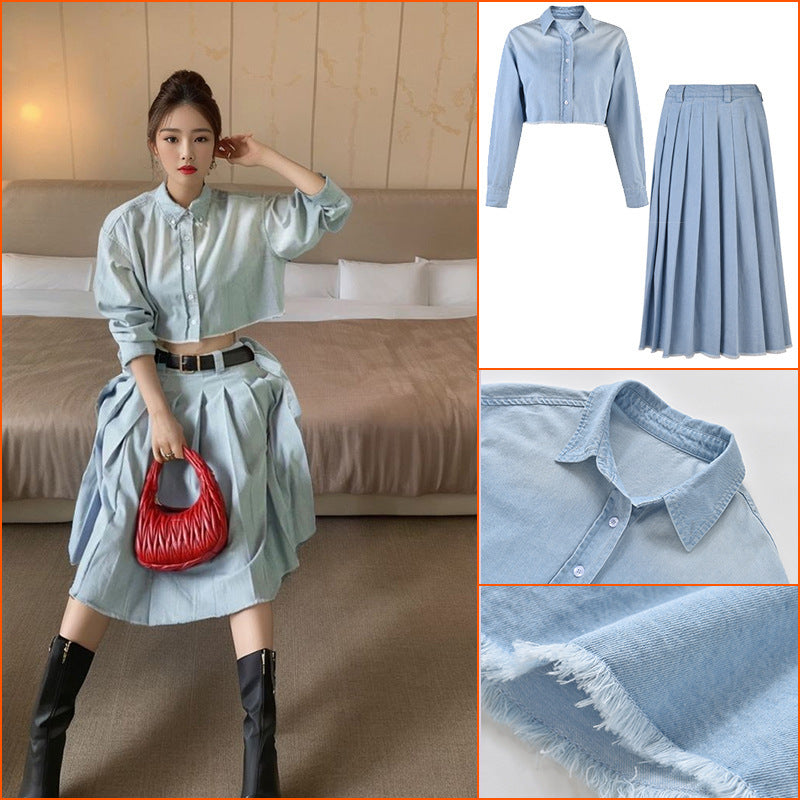 Retro Celebrity Style Long Sleeve Shirt Women's Low Waist Skinny Skirt Fashion Spice Girl Suit Two-piece Set k5120