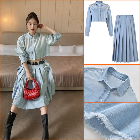 Retro Celebrity Style Long Sleeve Shirt Women's Low Waist Skinny Skirt Fashion Spice Girl Suit Two-piece Set k5120