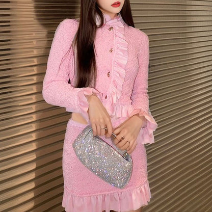 Pink suit women's lotus leaf edge jacket waist skirt autumn dress celebrity style two-piece set K7139