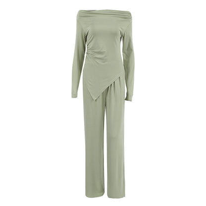2025 Autumn and winter high-end gray knitted fashion temperament one-word collar long-sleeved high-waisted wide-legged pants commuter casual suit