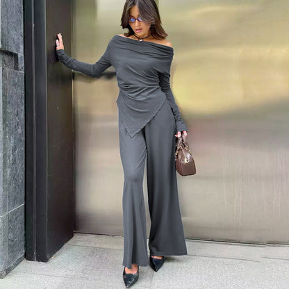 2025 Autumn and winter high-end gray knitted fashion temperament one-word collar long-sleeved high-waisted wide-legged pants commuter casual suit