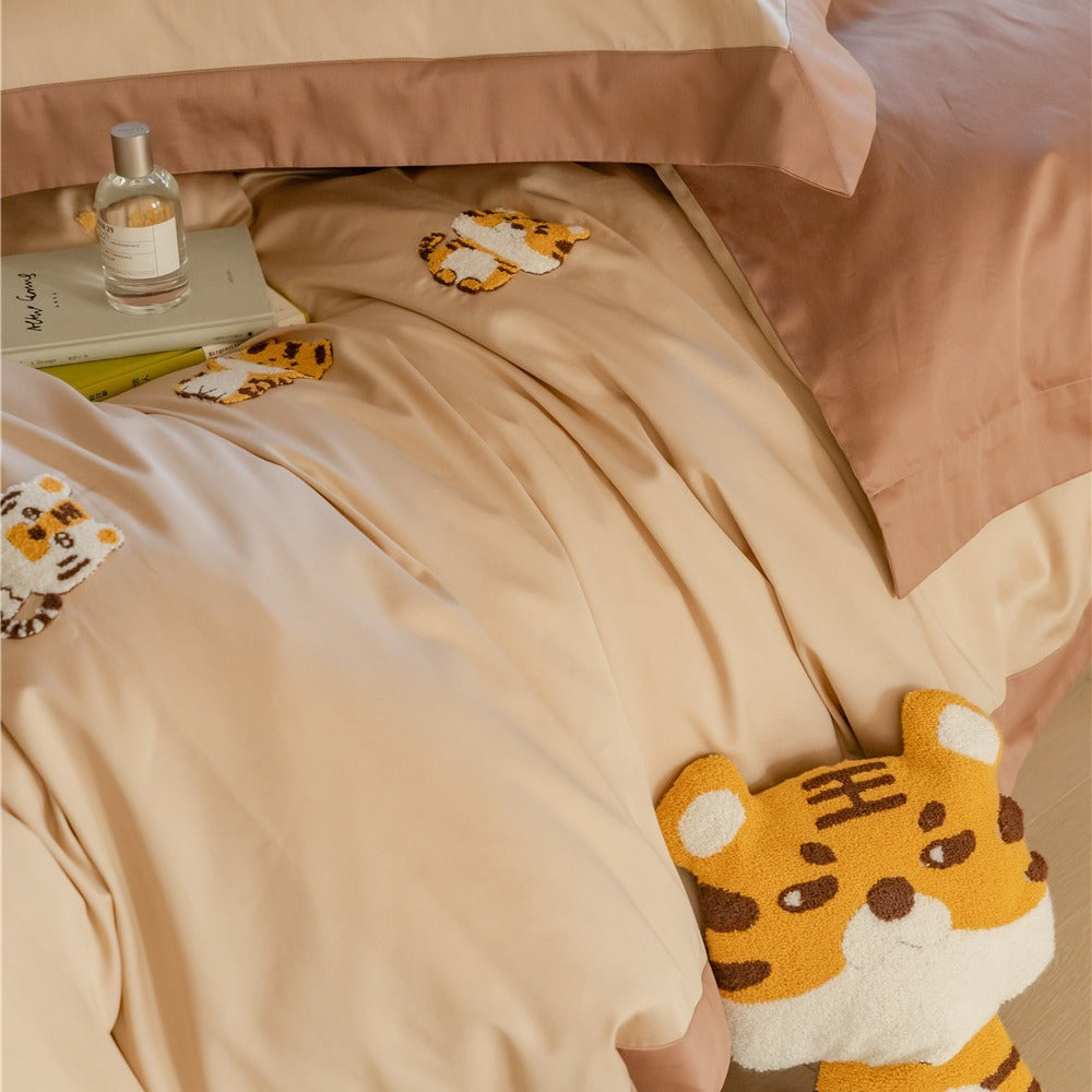 Yeknu Cute Cartoon Tiger Towel Embroidered Cotton Four-Piece Set 100 Long-Staple Cotton Quilt Cover Bed Sheet Fitted Sheet Bedding Set