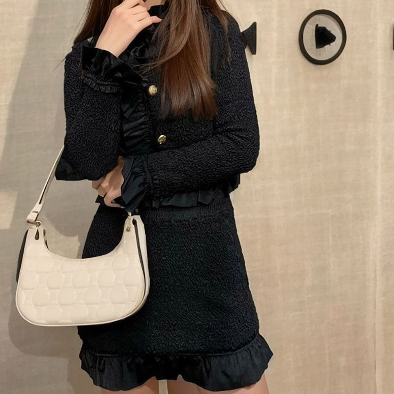 Pink suit women's lotus leaf edge jacket waist skirt autumn dress celebrity style two-piece set K7139