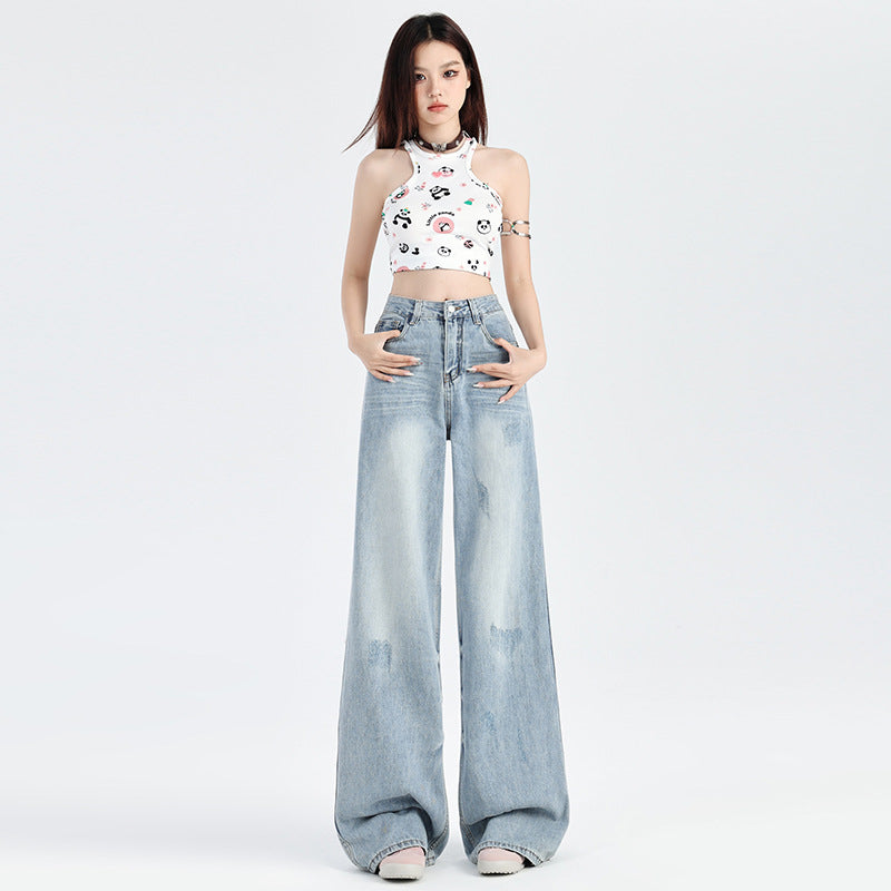 2025 Ripped Lazy Wind Jeans Women's Spring and Autumn popular New Skinny High Waist Small Straight Mopping Wide Leg Pants