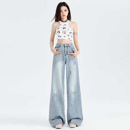 2025 Ripped Lazy Wind Jeans Women's Spring and Autumn popular New Skinny High Waist Small Straight Mopping Wide Leg Pants