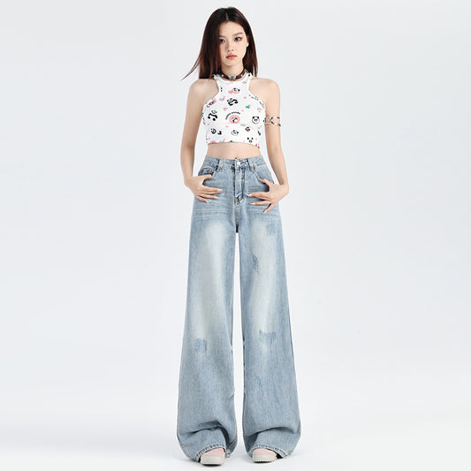 2025 Ripped Lazy Wind Jeans Women's Spring and Autumn popular New Skinny High Waist Small Straight Mopping Wide Leg Pants