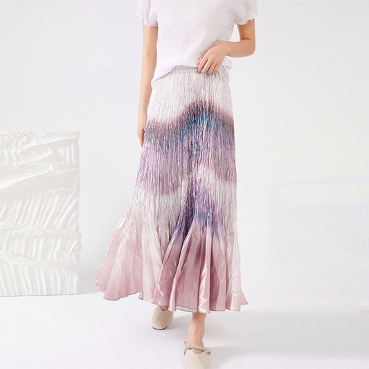 Folded skirt women's summer new spot wholesale high waist three house gradual change fishtail skirt swing long pleated skirt