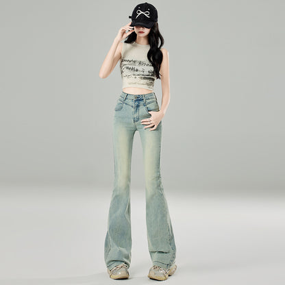 2025 Light blue micro-horn jeans women's popular summer and autumn new high-waisted retro design horseshoe horn pants