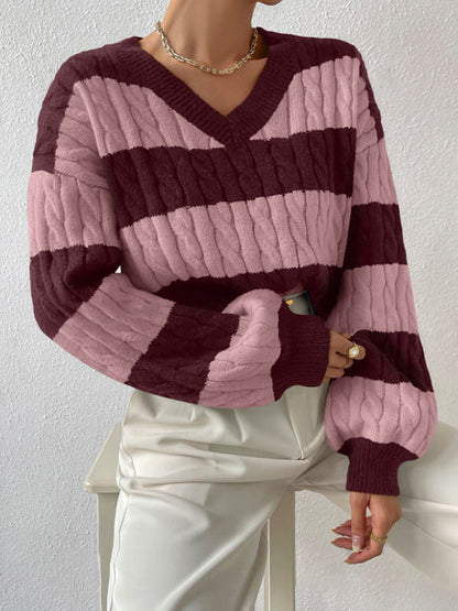 qgtao men fall outfits casual Autumn and Winter Lazy Style New Knitwear Loose Fashion Women's V-neck Retro Contrast Color Striped Sweater