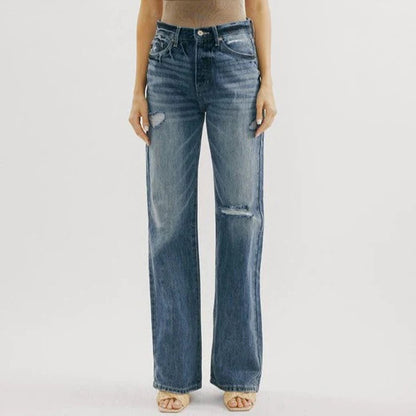2025 2025 ins retro Hong Kong style high-waisted jeans women's wide legs, holes, color repair, display floor pants tide