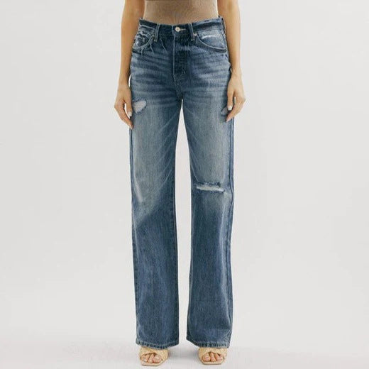 2025 2025 ins retro Hong Kong style high-waisted jeans women's wide legs, holes, color repair, display floor pants tide
