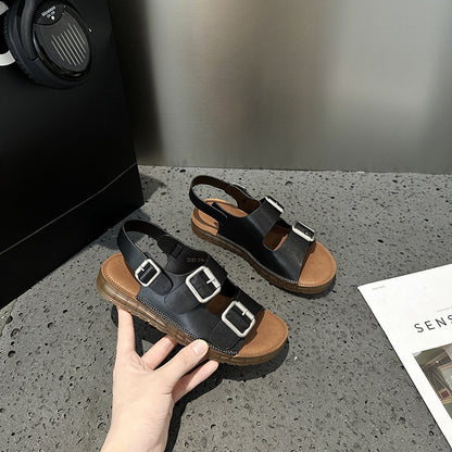 2025 Sandals women's summer wear popular new flat-bottomed thick-soled seaside casual beach Roman shoes