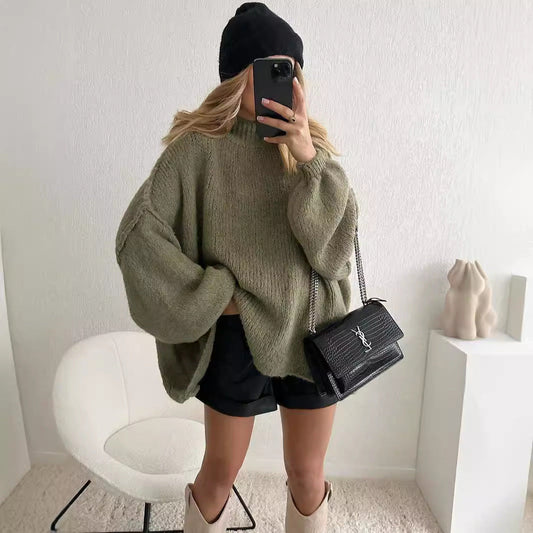 qgtao  fashion Autumn and Winter New Loose Half Turtleneck Commuter Style Fake Reverse Wear Knitted Pullover Solid Color Sweater for Women