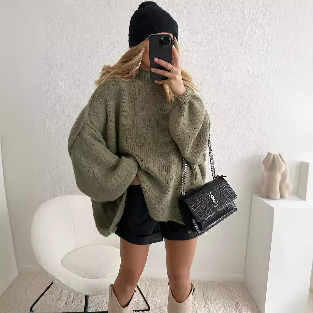 qgtao  fashion Autumn and Winter New Loose Half Turtleneck Commuter Style Fake Reverse Wear Knitted Pullover Solid Color Sweater for Women