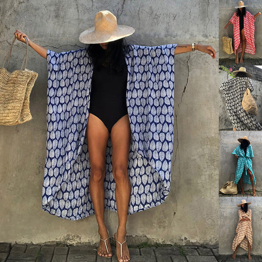 2025 new  cotton leaf print beach blouse sexy cardigan style vacation sunscreen shirt dress