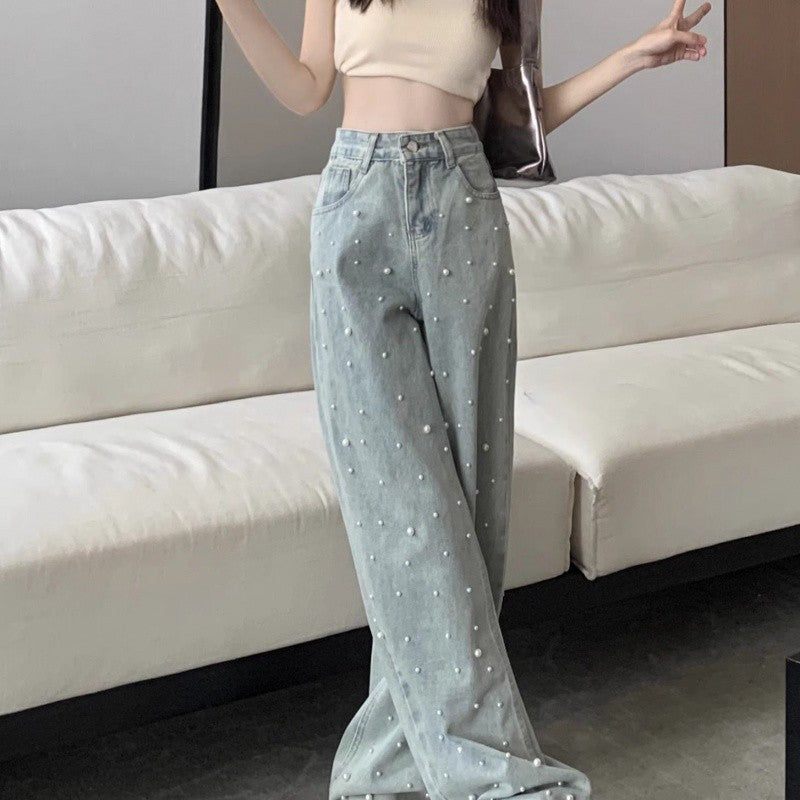 qgtao dti outfits Straight Denim Wide-Leg Pants Beaded High Waist Slimming Trousers Women's Niche Design Spring Mop Pants Fashion