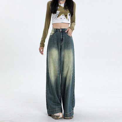 2025 popular retro blue n jeans women's early autumn new heavy industry washed fashion versatile wide leg mopping pants tide