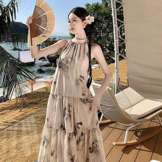 2025 New Chinese style temperament printed long dress apricot high-end sleeveless dress women loose and thin wear women's clothing