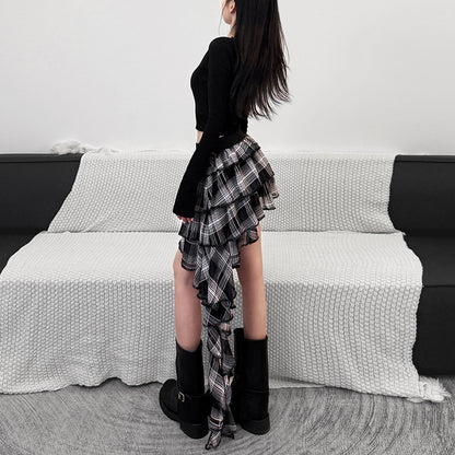 2025 style  spring new women's clothing three-dimensional ruffle edge splicing design high-waisted plaid skirt