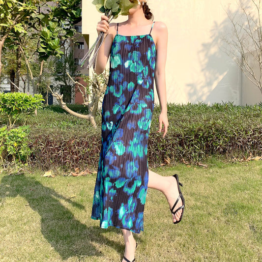 Internet celebrity hot sale suspender skirt women's summer cool breathable printing temperament elegant split fork holiday style dress