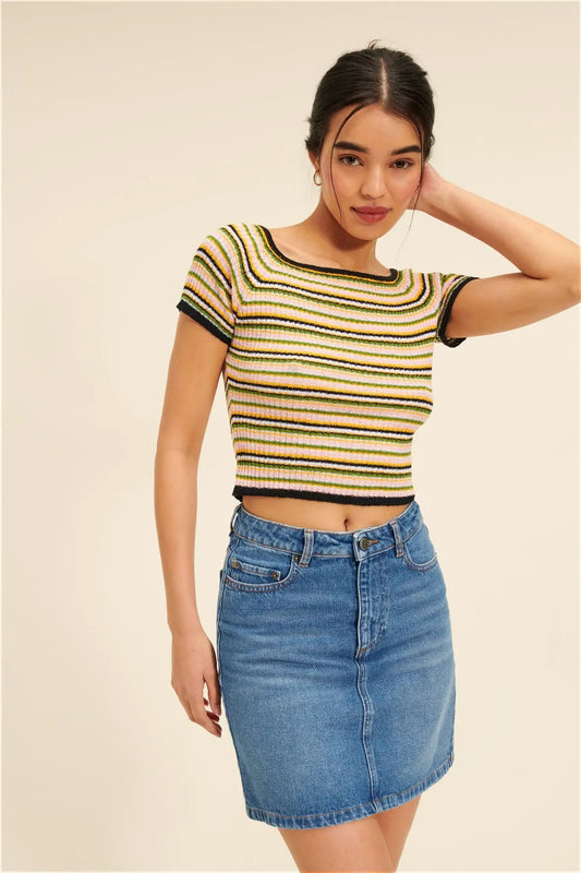 2025 RO knitted short-sleeved t-shirt high quality classic striped round neck knitted short-sleeved short t-shirt women's top women's summer thin