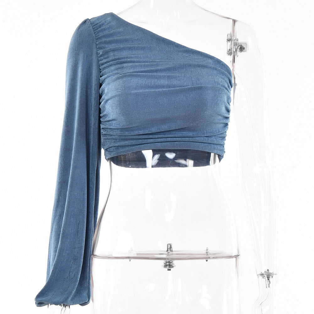 2025  ins fashionable and sexy women's tops  summer new slanted shoulder long-sleeved solid color pleated slim-fit small vest