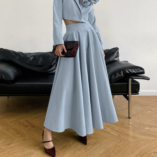 2025 spring and summer high temperament blue high waist versatile cotton and linen skirt  new fashion versatile long dress women