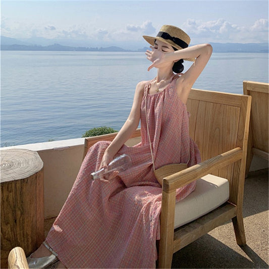 2025 Pink color plaid neck dress women's summer small man pure desire wind sexy backless vacation wind suspender skirt