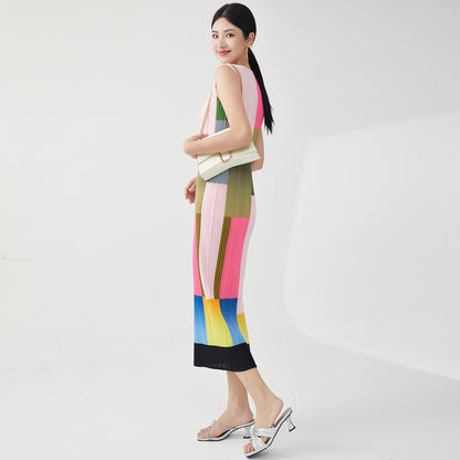 dress high sense light luxury summer contrasting color sleeveless medium and long design sense niche temperament elegant straight skirt
