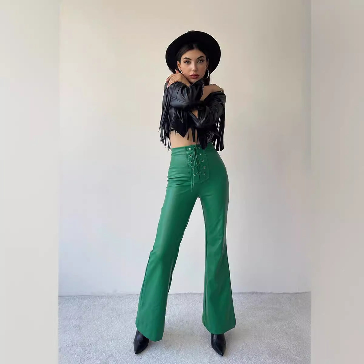 qgtao barn jacket outfits 2024 Autumn and Winter Women's Fashion Sexy High Waist Trousers Flared Pants Leather Pants Women's Pants