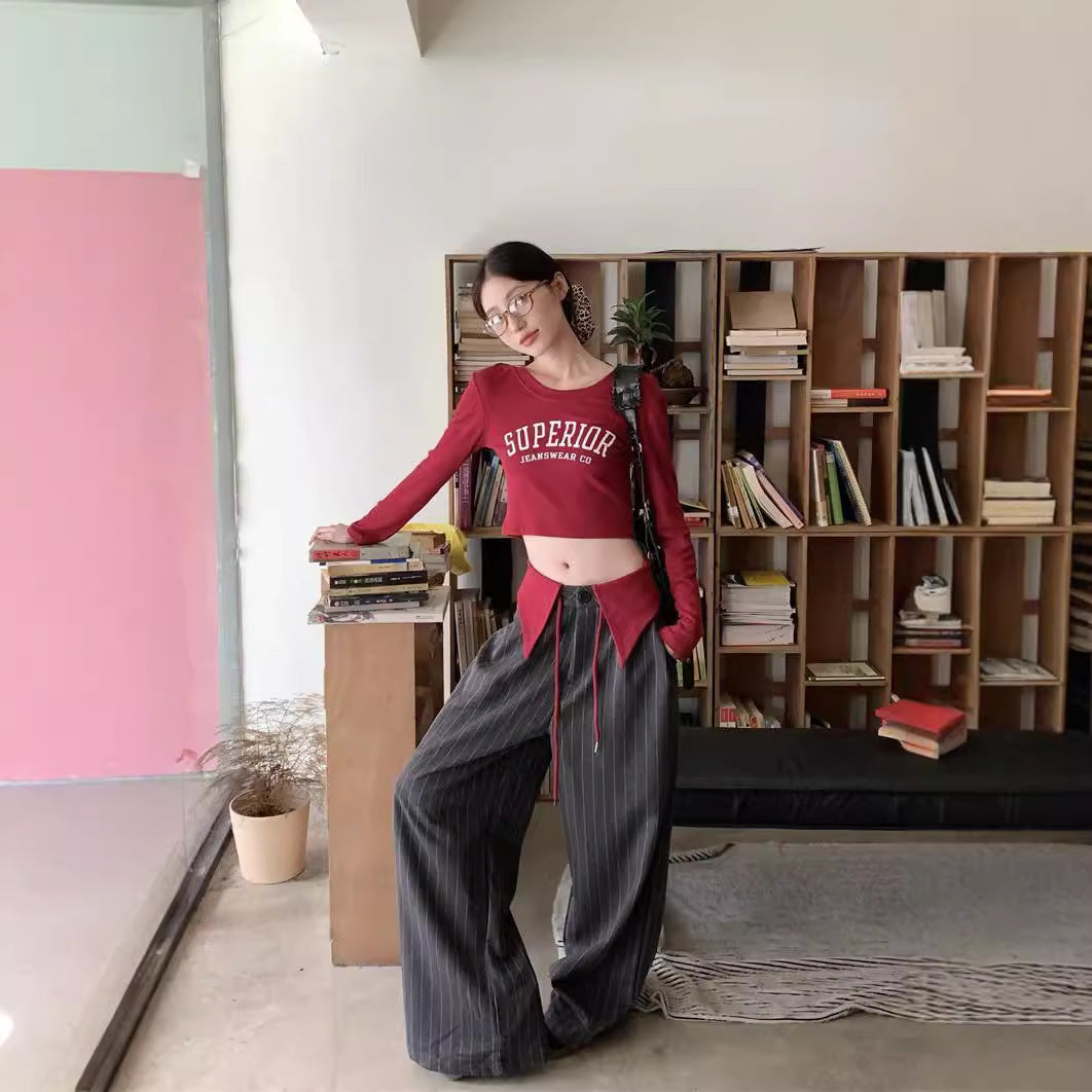 qgtao 2000s fashion 2024 New Korean Style Long-Sleeved T-shirt Bottoming Shirt Letter Printed Top Striped Casual Pants Two-Piece Set for Women