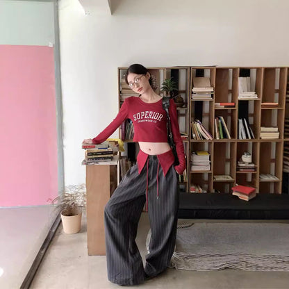 qgtao 2000s fashion 2024 New Korean Style Long-Sleeved T-shirt Bottoming Shirt Letter Printed Top Striped Casual Pants Two-Piece Set for Women