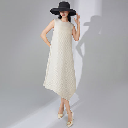 Shenzhen Nanyou Sanzhai dress summer women's clothing round neck sleeveless solid color medium and long irregular pleated skirt tide