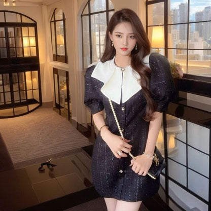 new  high-end small fragrant wind bubble sleeve doll collar contrasting color dress summer L4097