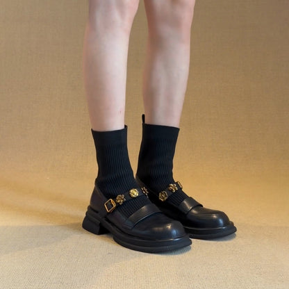2025  Metal buckle small fragrant wind knitted elastic socks boots women's versatile round head thin short boots thick-soled Martin boots