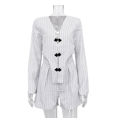 qgtao dti outfits 2024 Spring Women's Clothing New Chinese Style Niche Long Sleeve Deep V Top Coat High Waist Shorts Striped Suit
