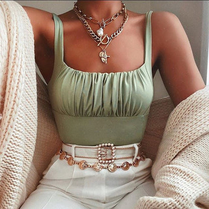 2025  pure desire style sexy chest pleated top  summer and autumn new product solid color splicing backless sleeveless small suspender