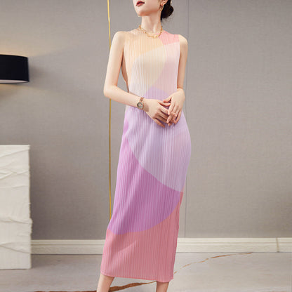 Folded skirt summer women's clothing wholesale long sleeveless printing thin versatile commuter design dress
